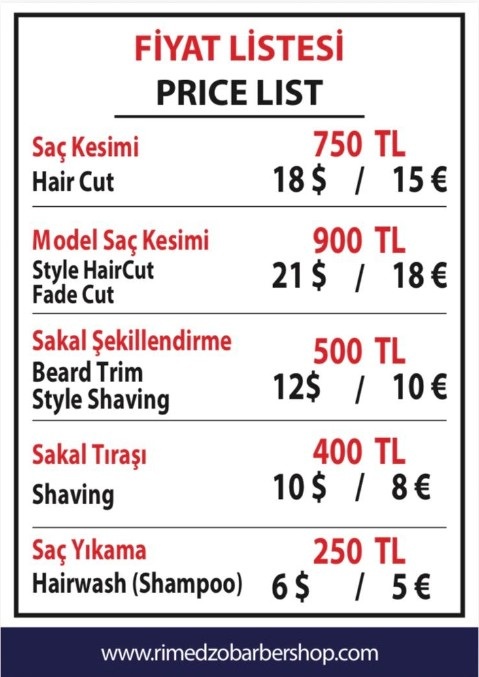 Rimedzo Barber Shop service price list